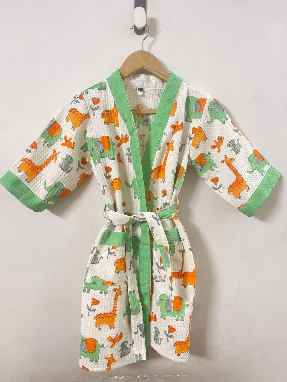Hand Block Printed Kids Waffle Cotton Bathrobe - Jungle