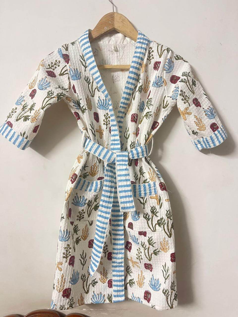 Hand Block Printed Kids Waffle Cotton Bathrobe - Deep Sea