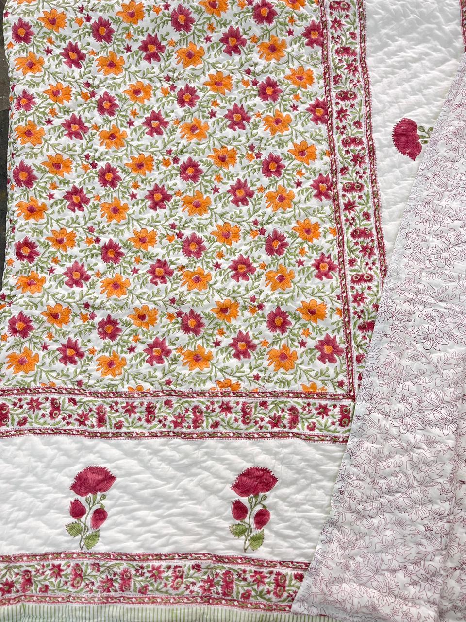 Red Floral Jaipuri Quilt- Handblock Printed Reversible Mulmul Cotton Quilt - Double (90 x 108 inch)