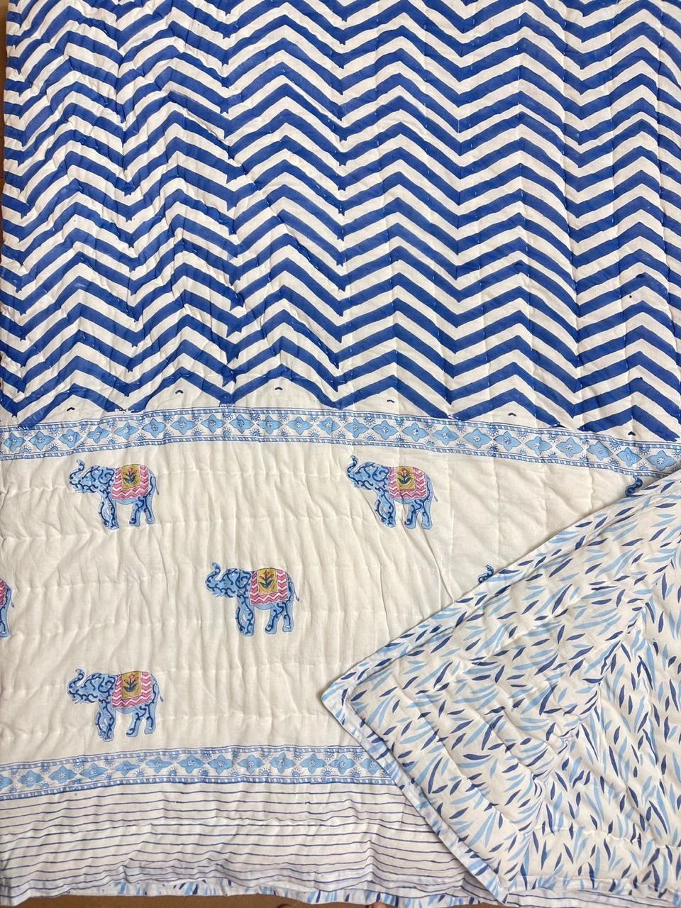 Zigzag Jaipuri Quilt- Handblock Printed Reversible Mulmul Cotton Quilt - Double (90 x 108 inch)