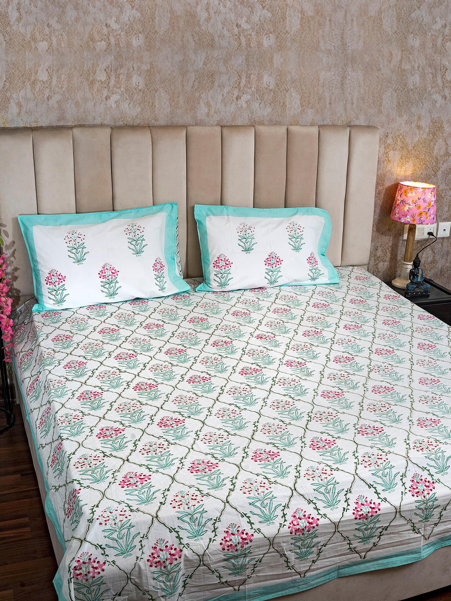 Mughal Bagh Collection - Hand Block Printed King Bedsheet with Reversible Pillow Covers (90 x 108 inches)
