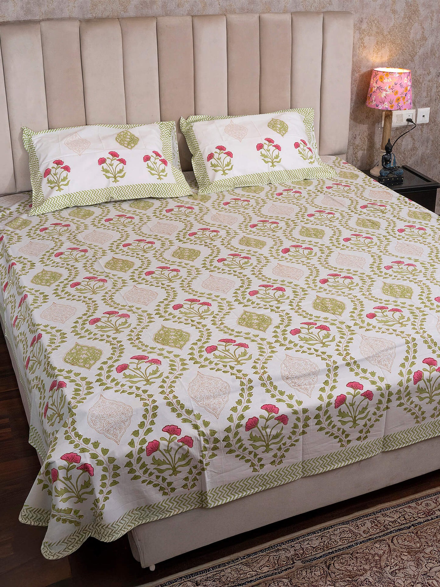 Sawai Bagh Collection - Hand Block Printed Super King Bedsheet with Reversible Pillow Covers (108 x 108 inches)