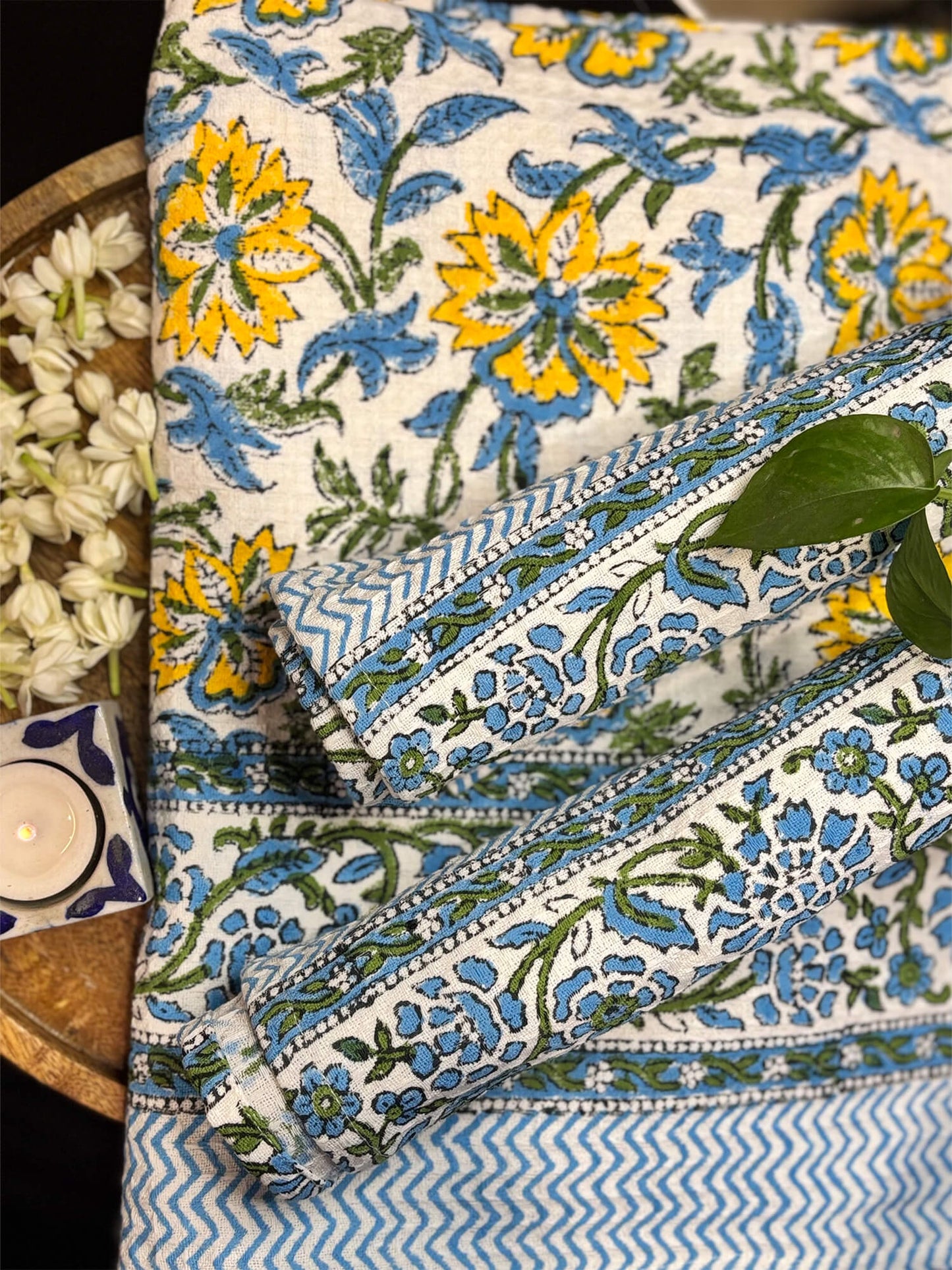 Blue Floral Handblock Towels - Set of 3