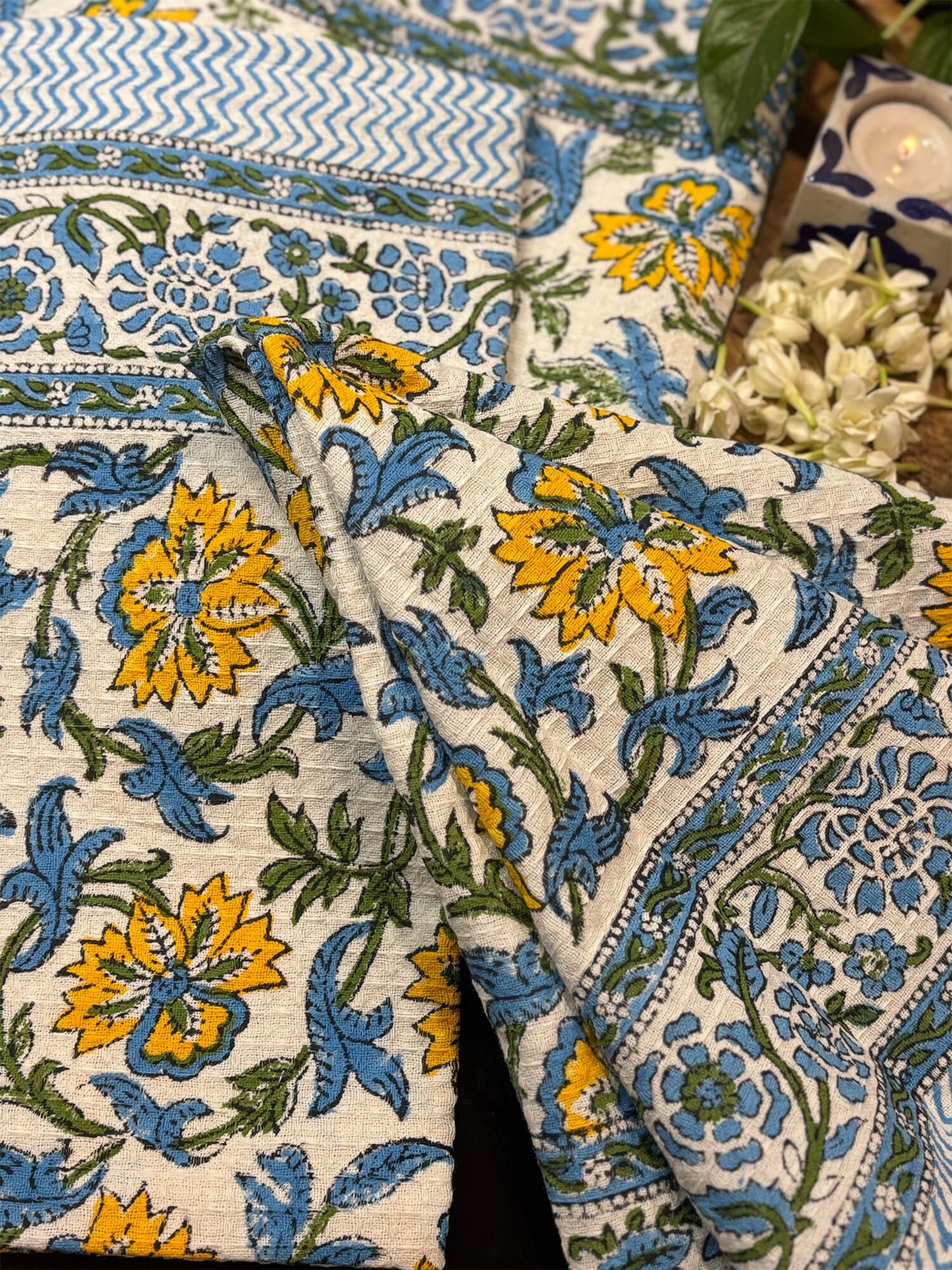 Blue Floral Handblock Towels - Set of 3