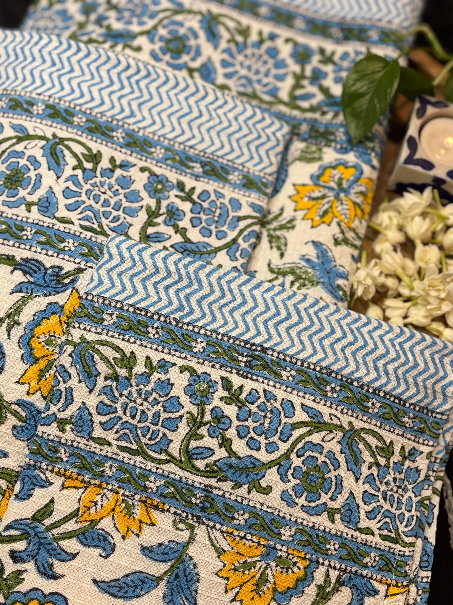Blue Floral Handblock Towels - Set of 3