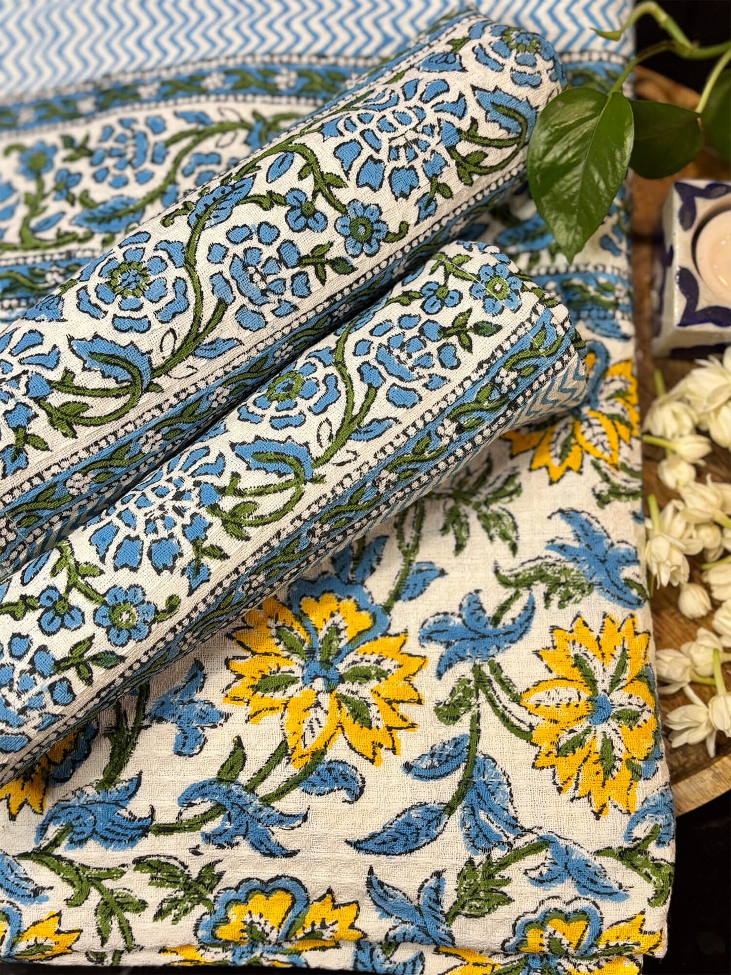 Blue Floral Handblock Towels - Set of 3