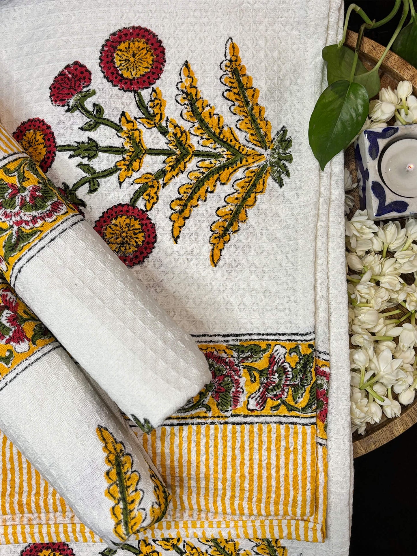 Yellow Handblock Towels - Set of 3