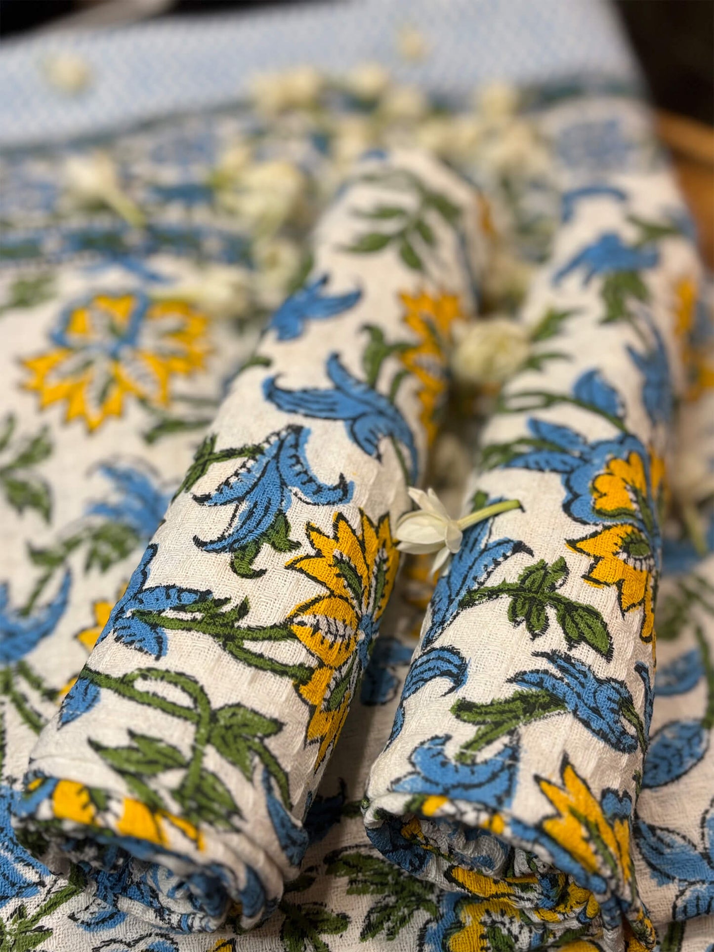 Blue Floral Handblock Towels - Set of 3