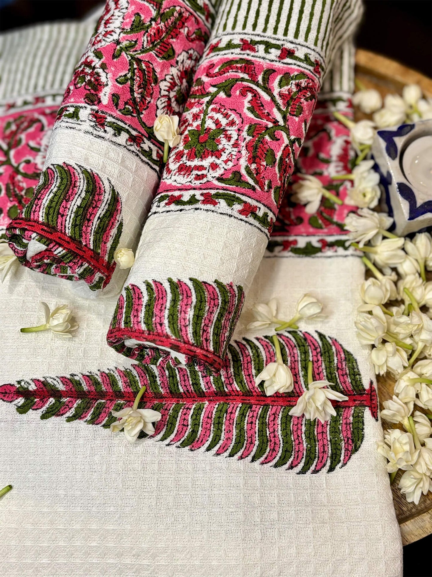 Pink Floral Handblock Towels - Set of 3