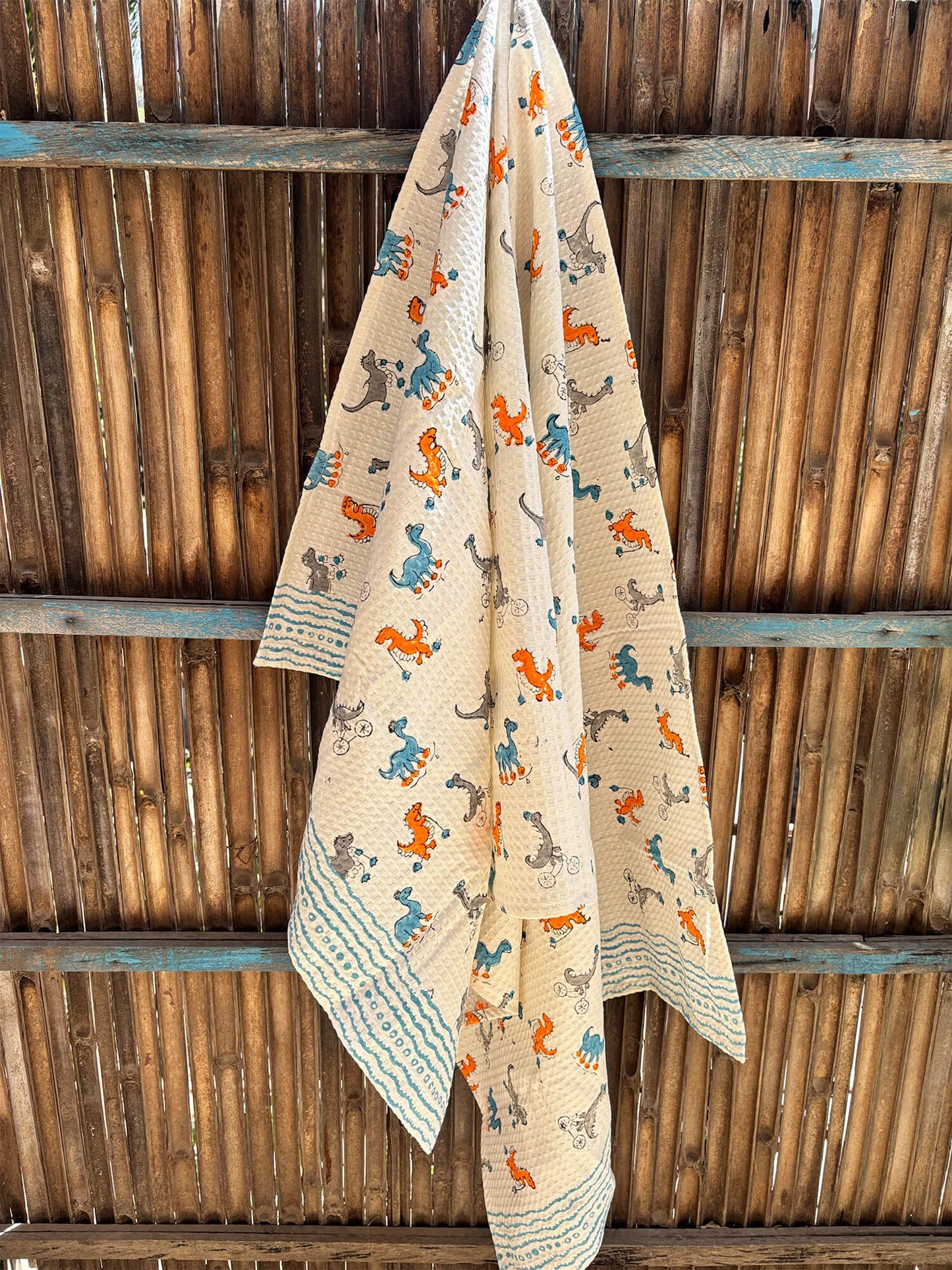 Hand Block Printed Kids Dino Bath Towel – Soft & Quick-Drying