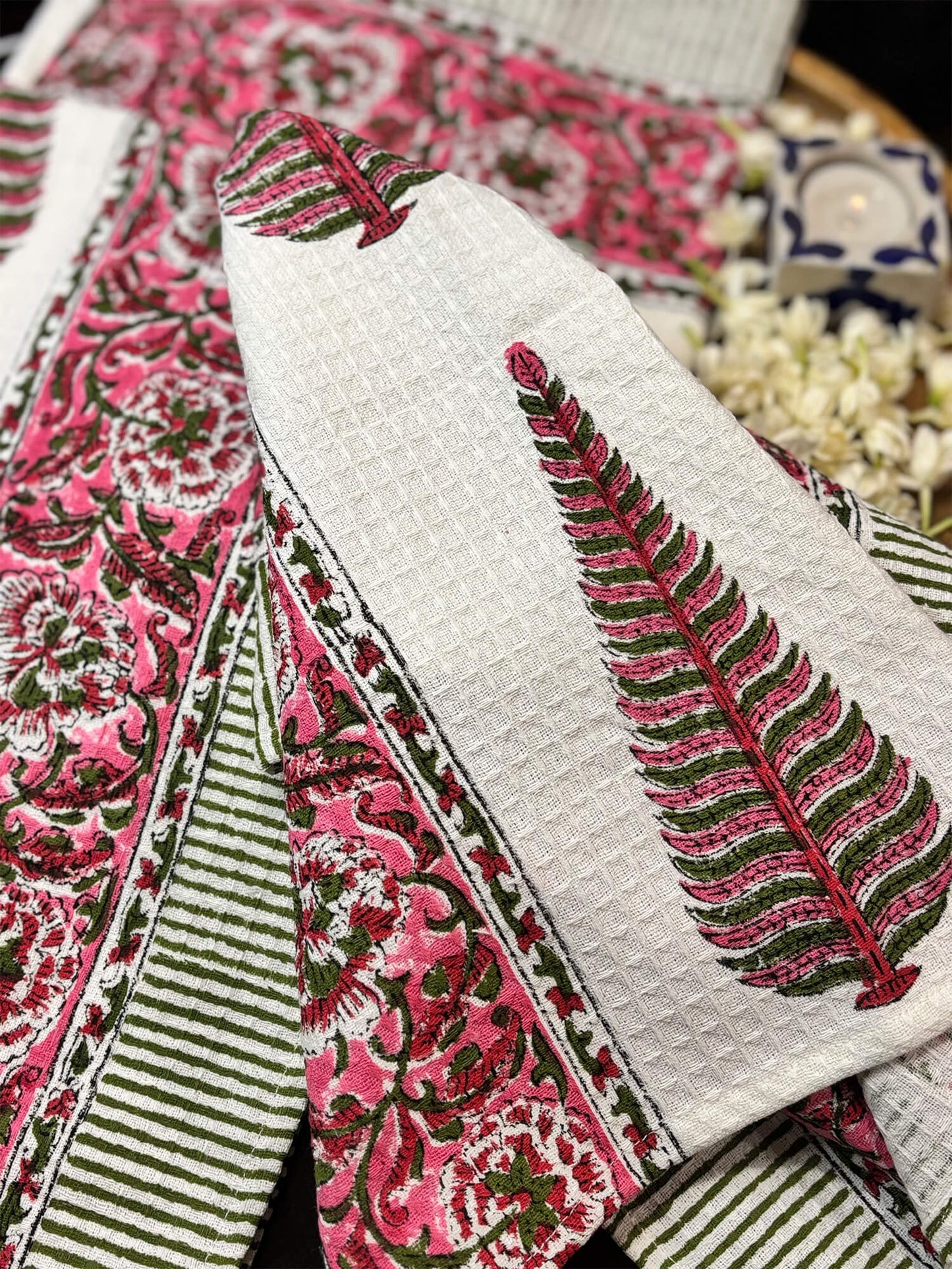 Pink Floral Handblock Towels - Set of 3