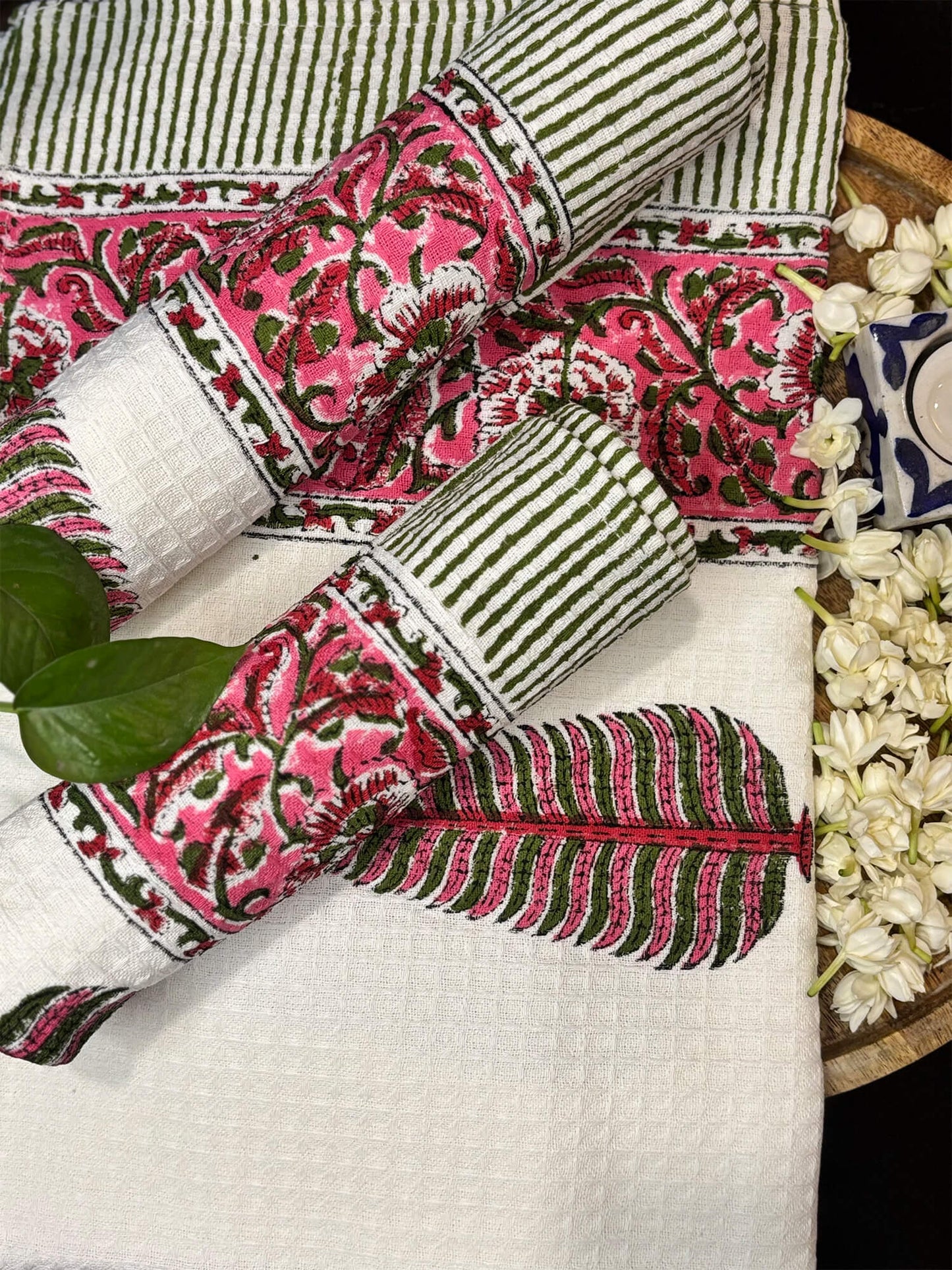 Pink Floral Handblock Towels - Set of 3