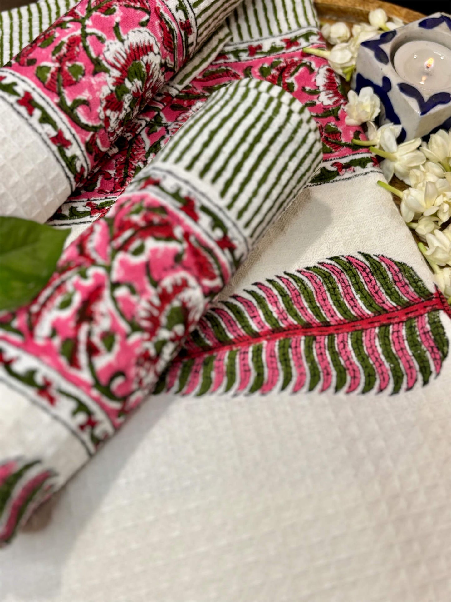 Pink Floral Handblock Towels - Set of 3