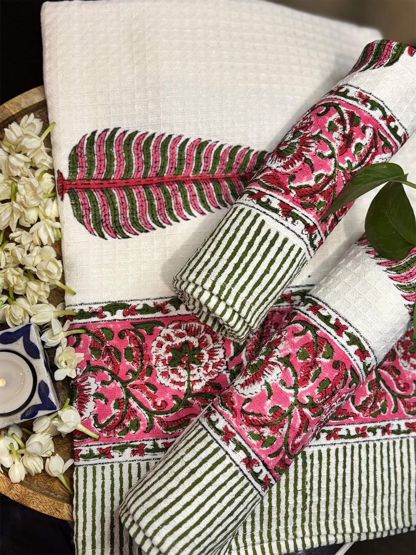 Pink Floral Handblock Towels - Set of 3