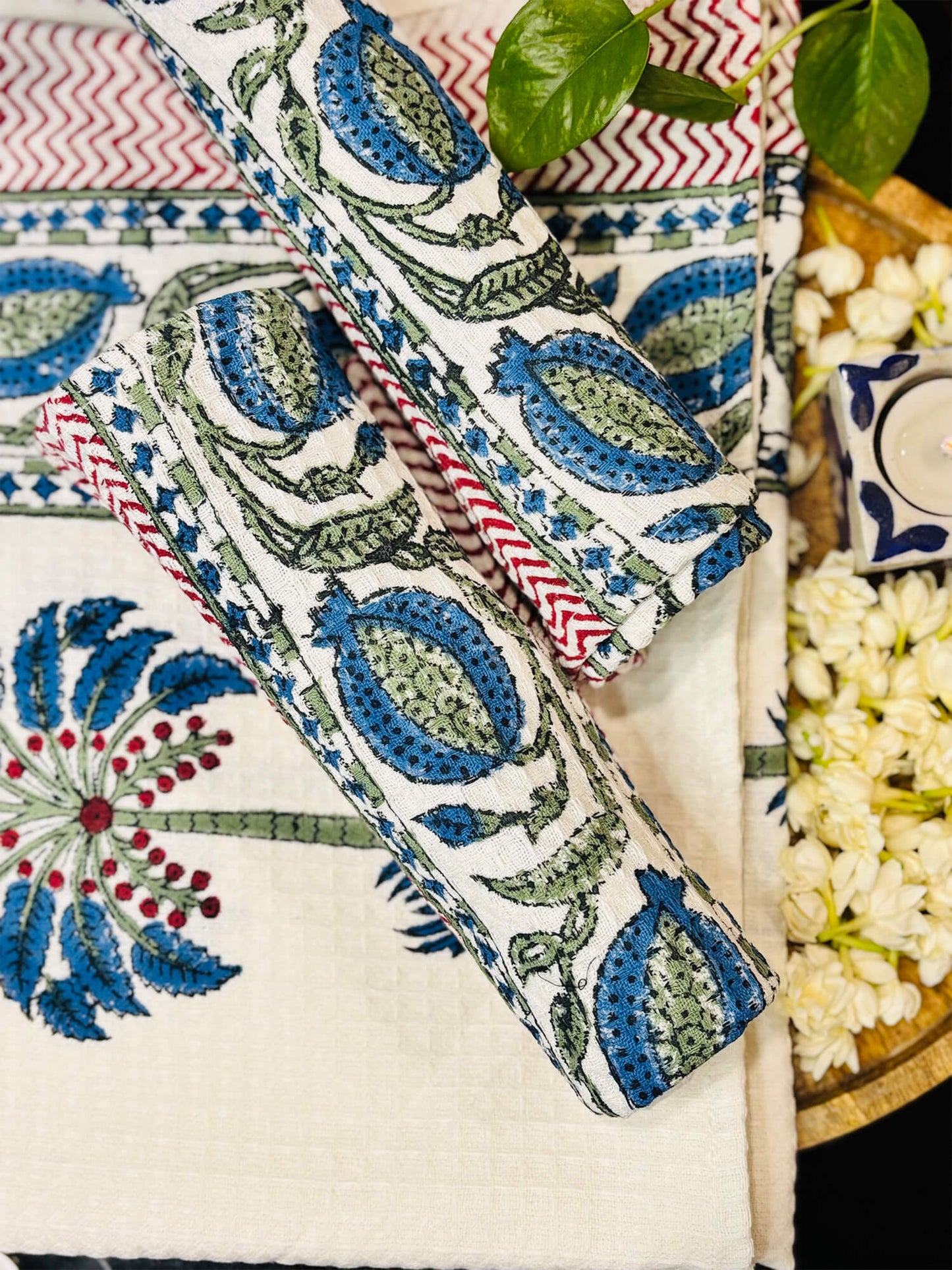 Blue Palm Handblock Towels - Set of 3