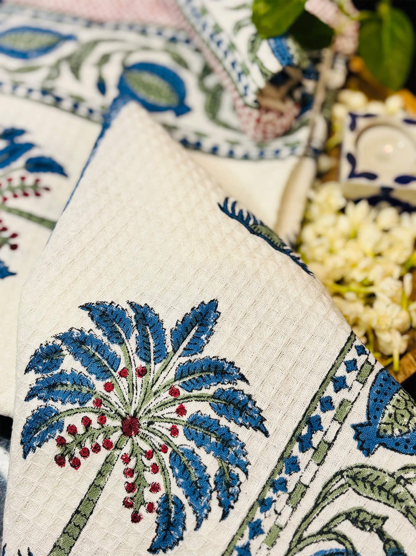 Blue Palm Handblock Towels - Set of 3