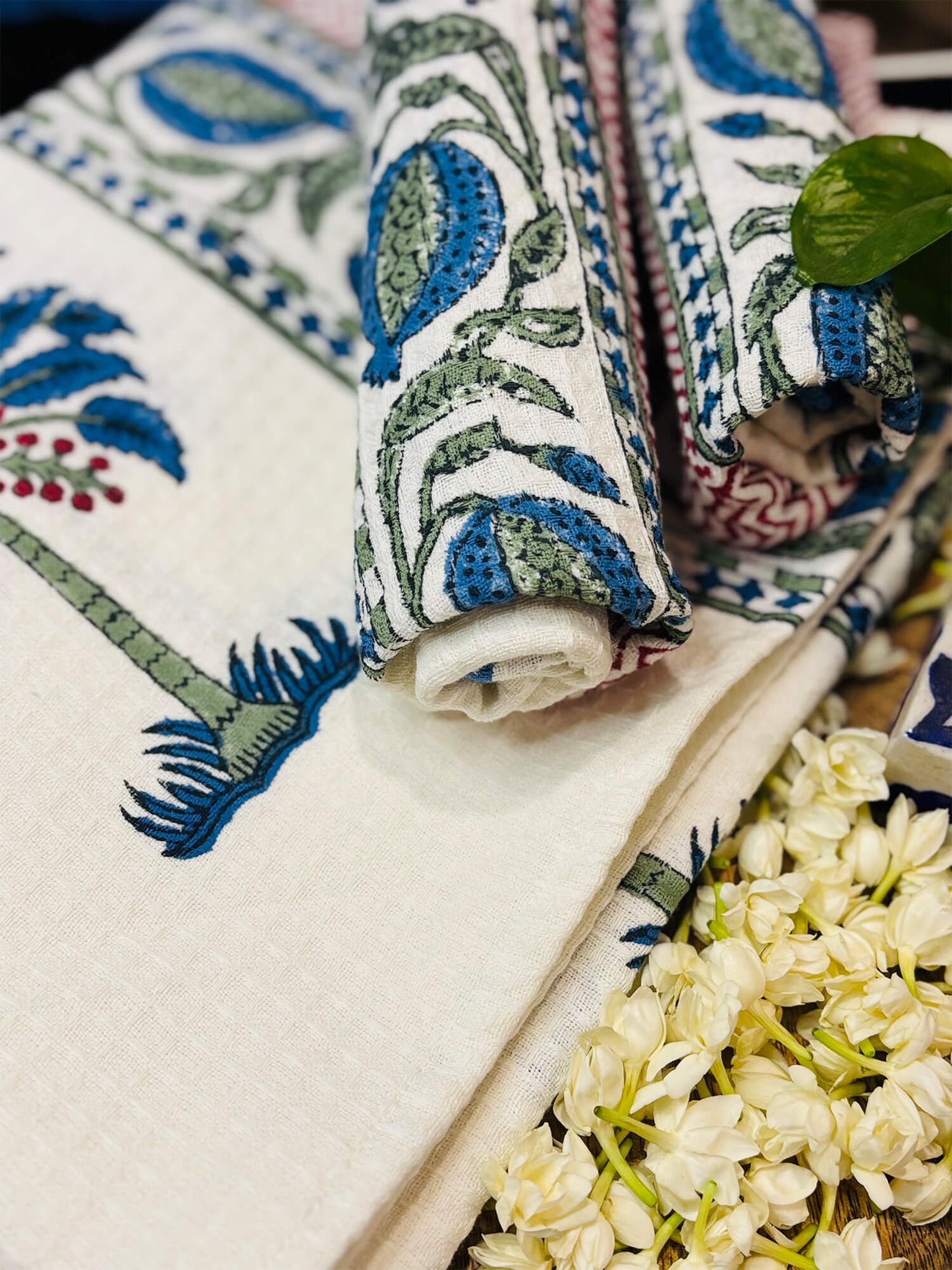 Blue Palm Handblock Towels - Set of 3