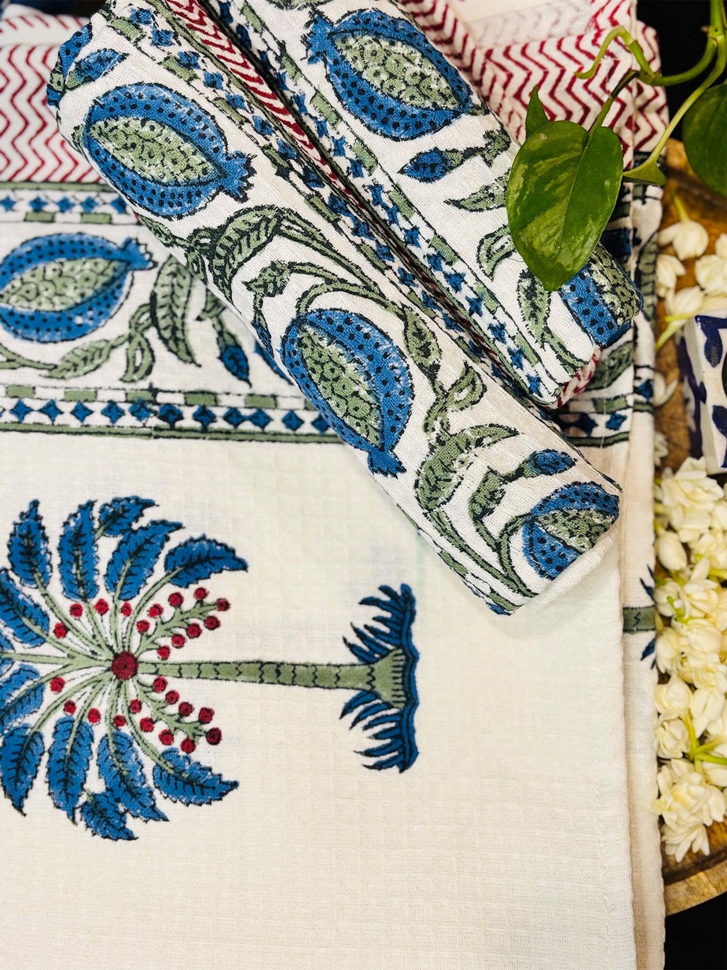 Blue Palm Handblock Towels - Set of 3