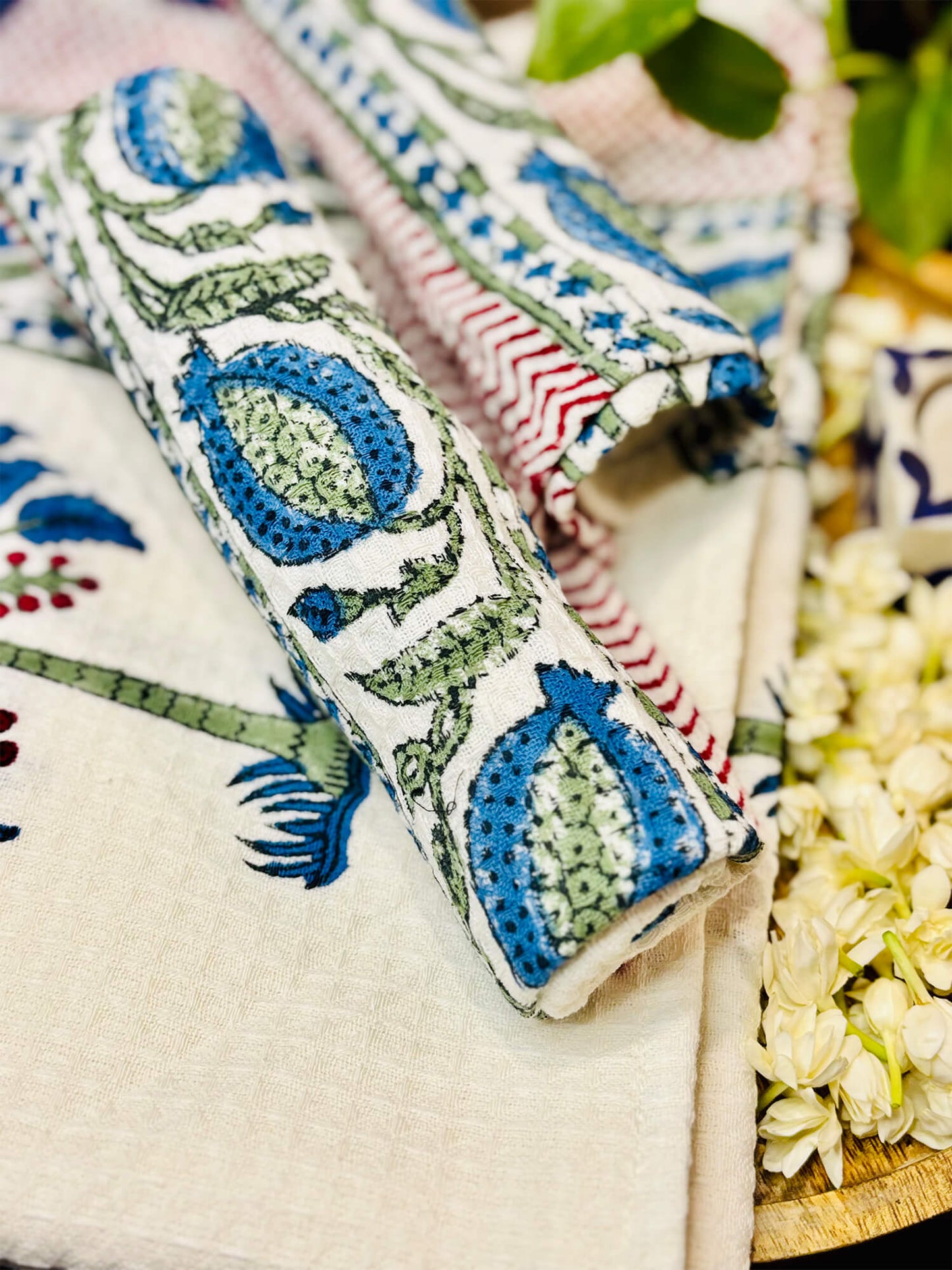Blue Palm Handblock Towels - Set of 3
