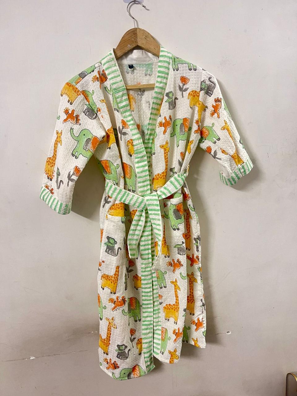 Hand Block Printed Kids Waffle Cotton Bathrobe - Jungle