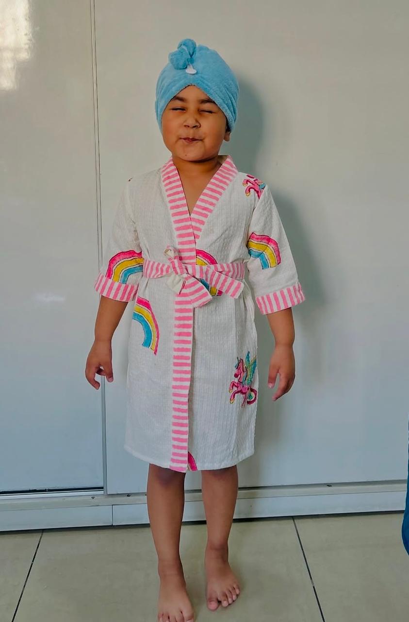 Hand Block Printed Kids Waffle Cotton Bathrobe - Unicorn