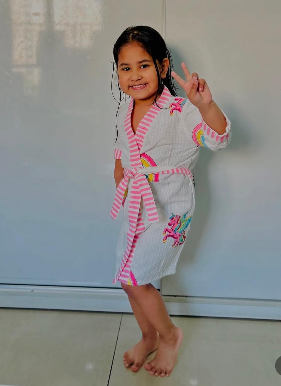Hand Block Printed Kids Waffle Cotton Bathrobe - Unicorn
