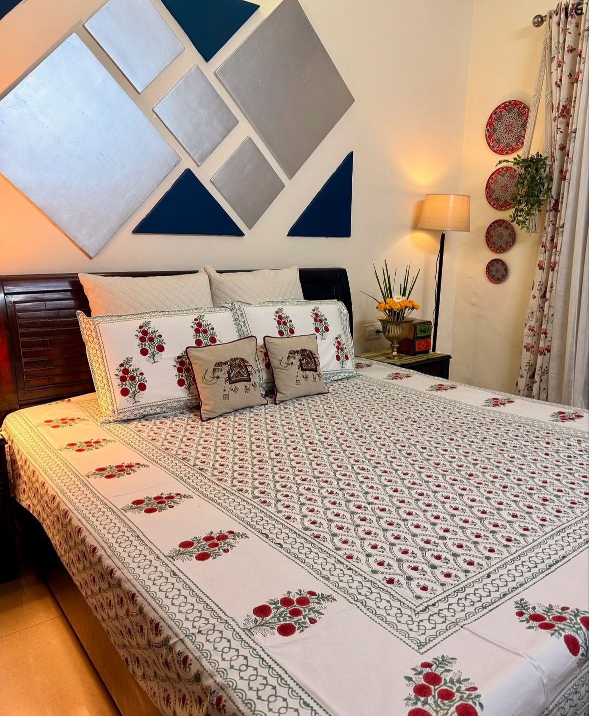 Anar Bagh Collection - Hand Block Printed King Bedsheet with Reversible Pillow Covers (90 x 108 inches)
