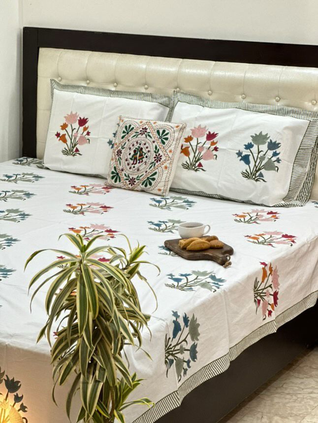 Rang Bagh Collection - Hand Block Printed King Bedsheet with Reversible Pillow Covers (90 x 108 inches)