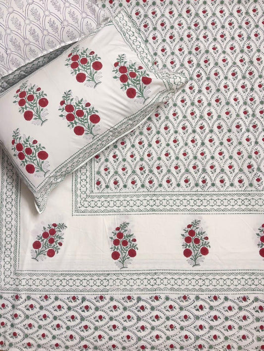Anar Bagh Collection - Hand Block Printed King Bedsheet with Reversible Pillow Covers (90 x 108 inches)
