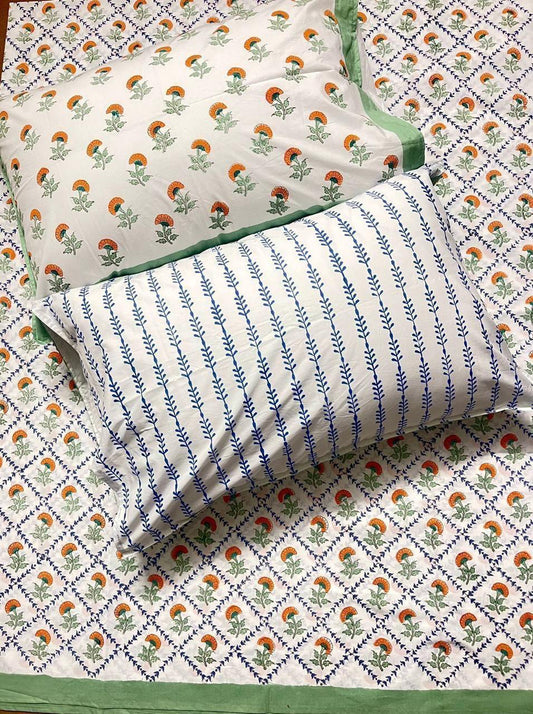 Aman Bagh Collection - Hand Block Printed King Bedsheet with Reversible Pillow Covers (90 x 108 inches)