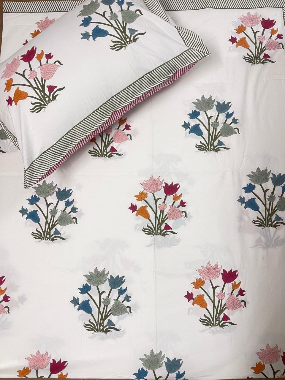 Rang Bagh Collection - Hand Block Printed King Bedsheet with Reversible Pillow Covers (90 x 108 inches)