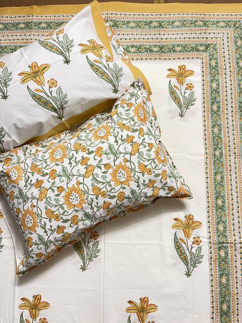 Sunhera Bagh Collection - Hand Block Printed King Bedsheet with Reversible Pillow Covers (90 x 108 inches)
