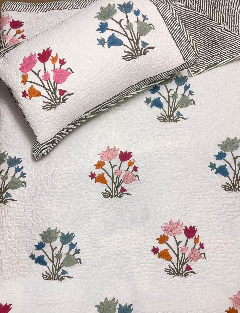 Rang Bagh Collection - Handcrafted Quilted Cotton Bedcover with Two Pillow Covers