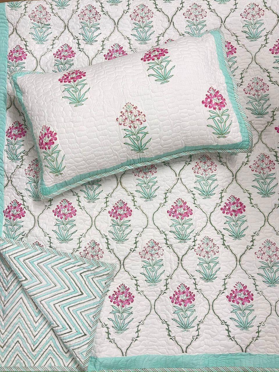 Mughal Bagh Collection -Handcrafted Quilted Cotton Bedcover with Two Pillow Covers
