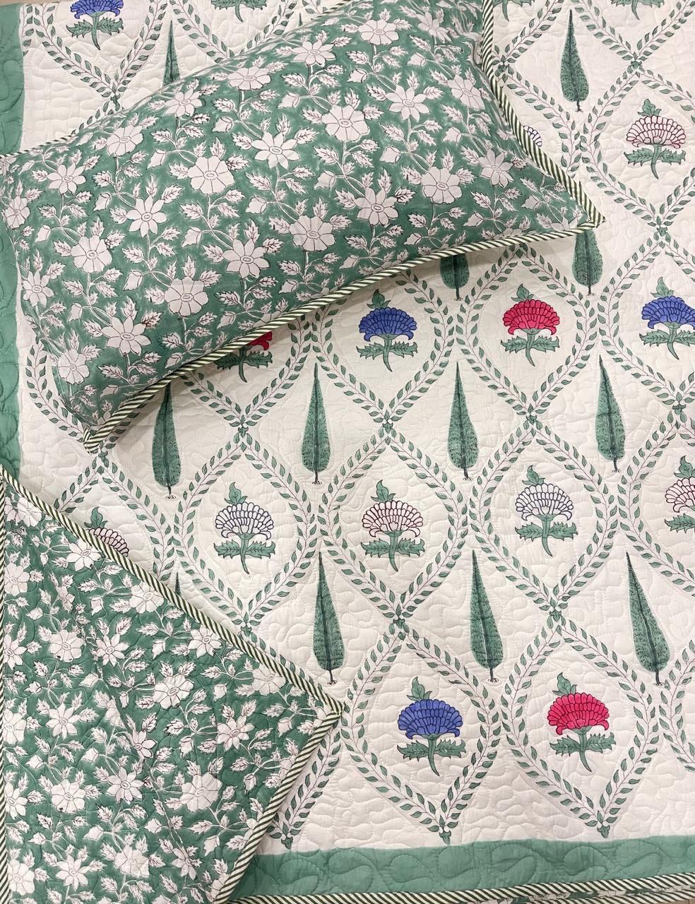 Jewel Bagh Collection - Handcrafted Quilted Cotton Bedcover with Two Pillow Covers