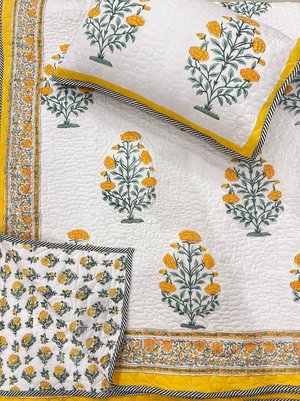 Gulmohar Bagh Collection - Handcrafted Quilted Cotton Bedcover with Two Pillow Covers
