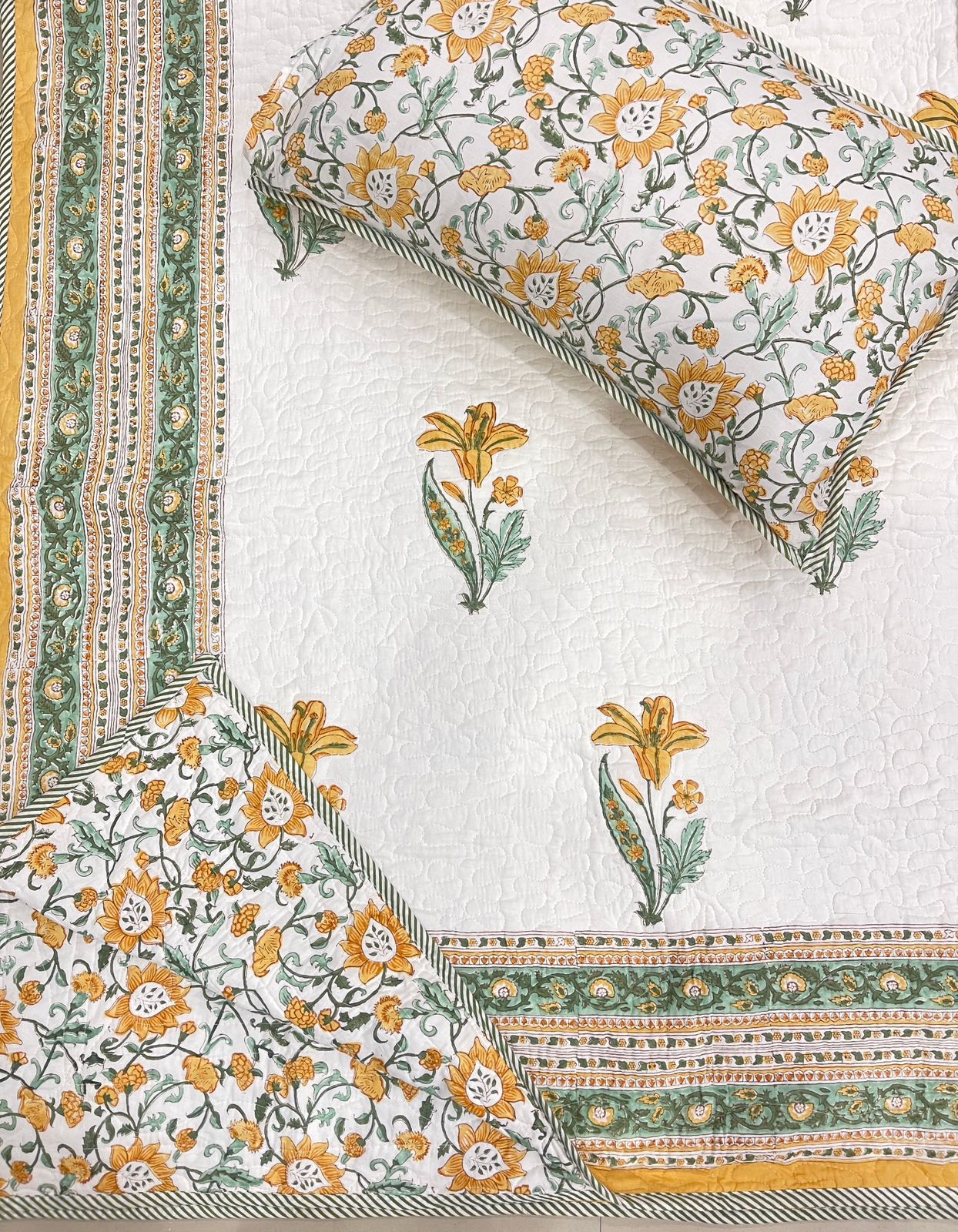 Sunhera Bagh Collection - Handcrafted Quilted Cotton Bedcover with Two Pillow Covers