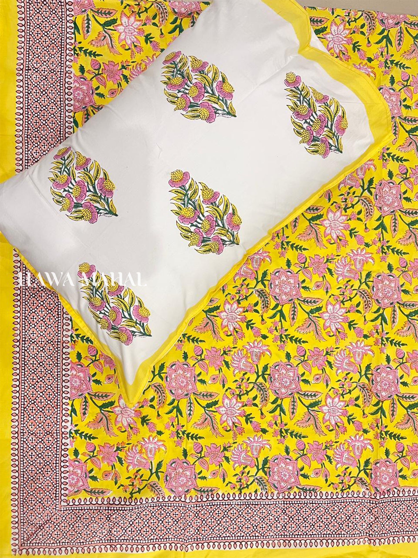 Yellow Floral Percale King Bedsheet with Pillow Covers (90 x 108 inches)