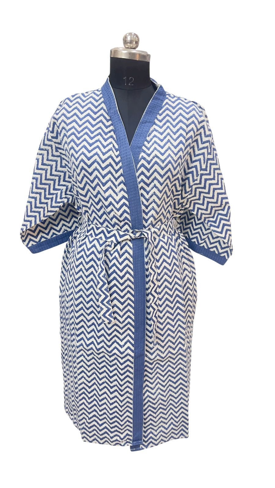 Hand Block Printed Blue Zigzag Cotton Waffle Bathrobe – Ultra Soft & Absorbent