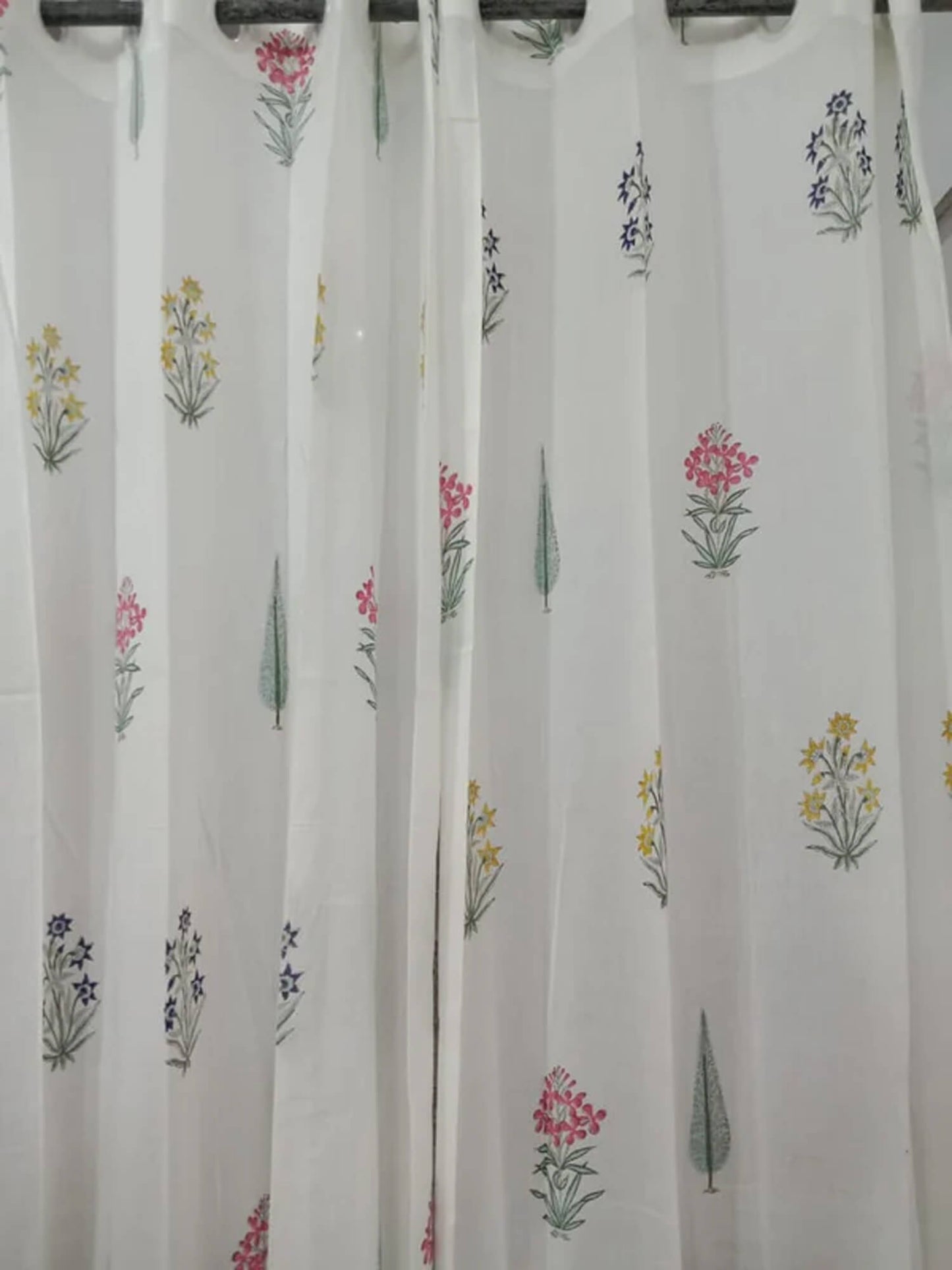 Block Print Curtain – White and Aqua