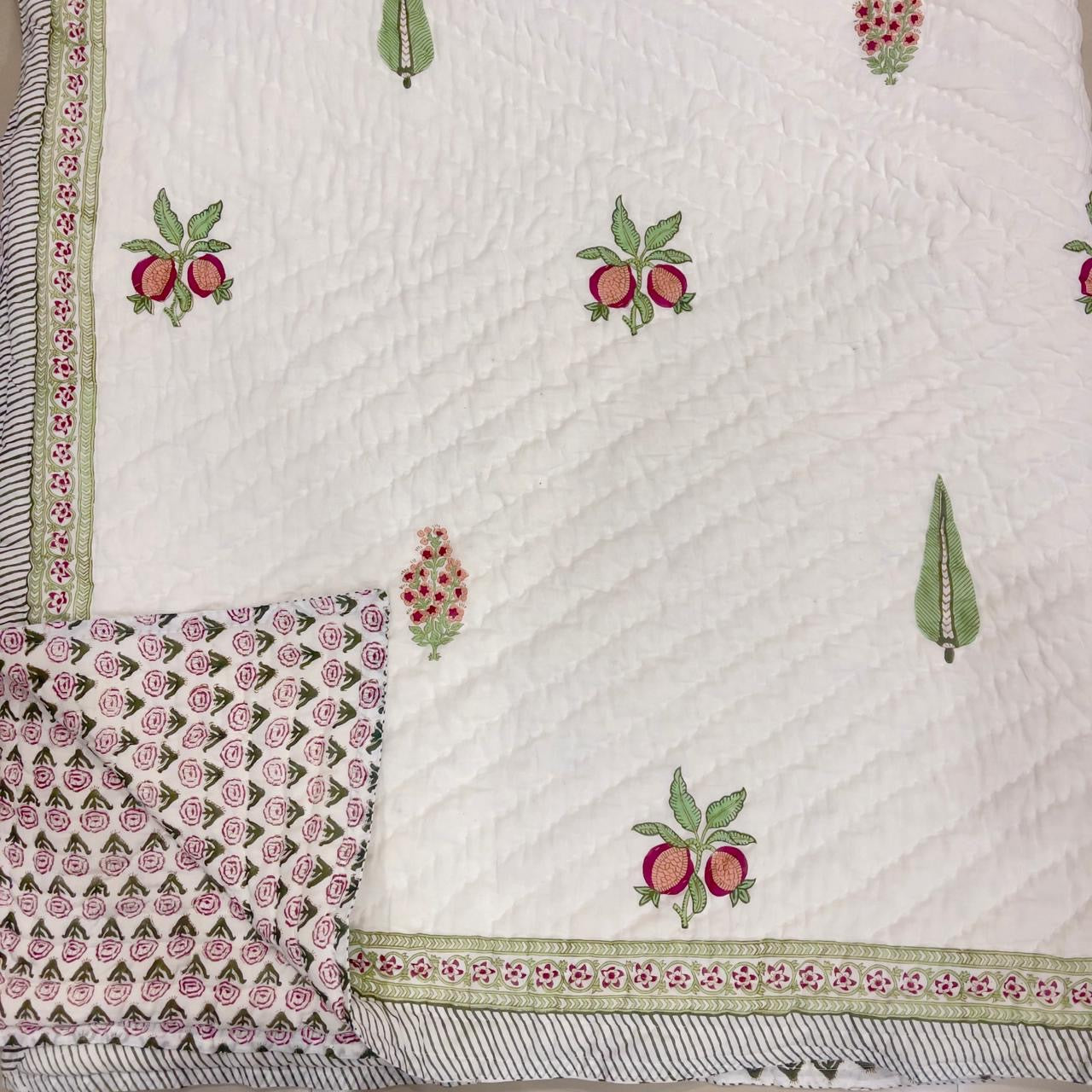 Handblock Jaipuri Quilt- Handblock Printed Reversible Mulmul Cotton Quilt - Double (90 x 108 inch)