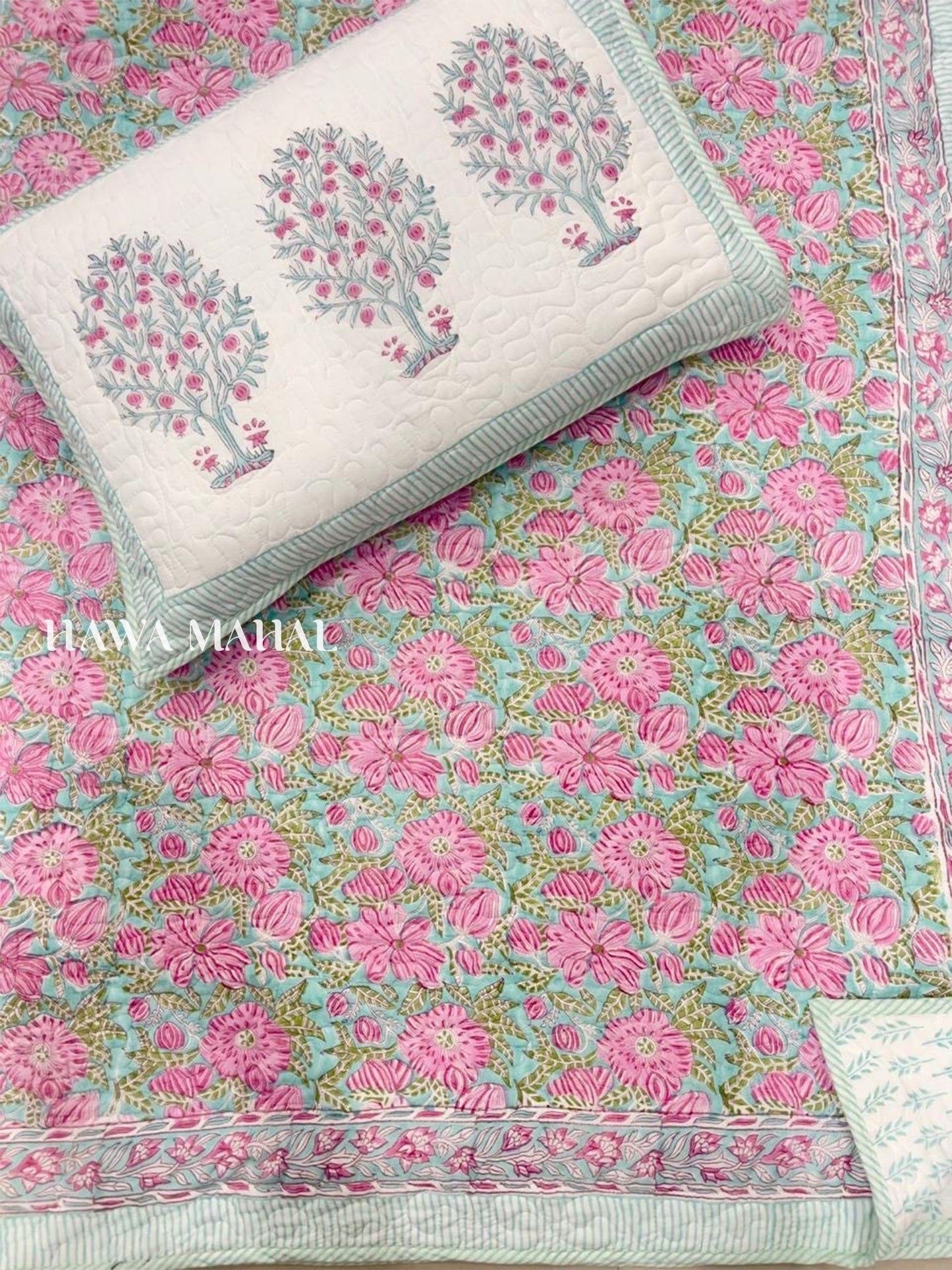 Handcrafted Quilted Cotton Bedcover with Two Pillow Covers