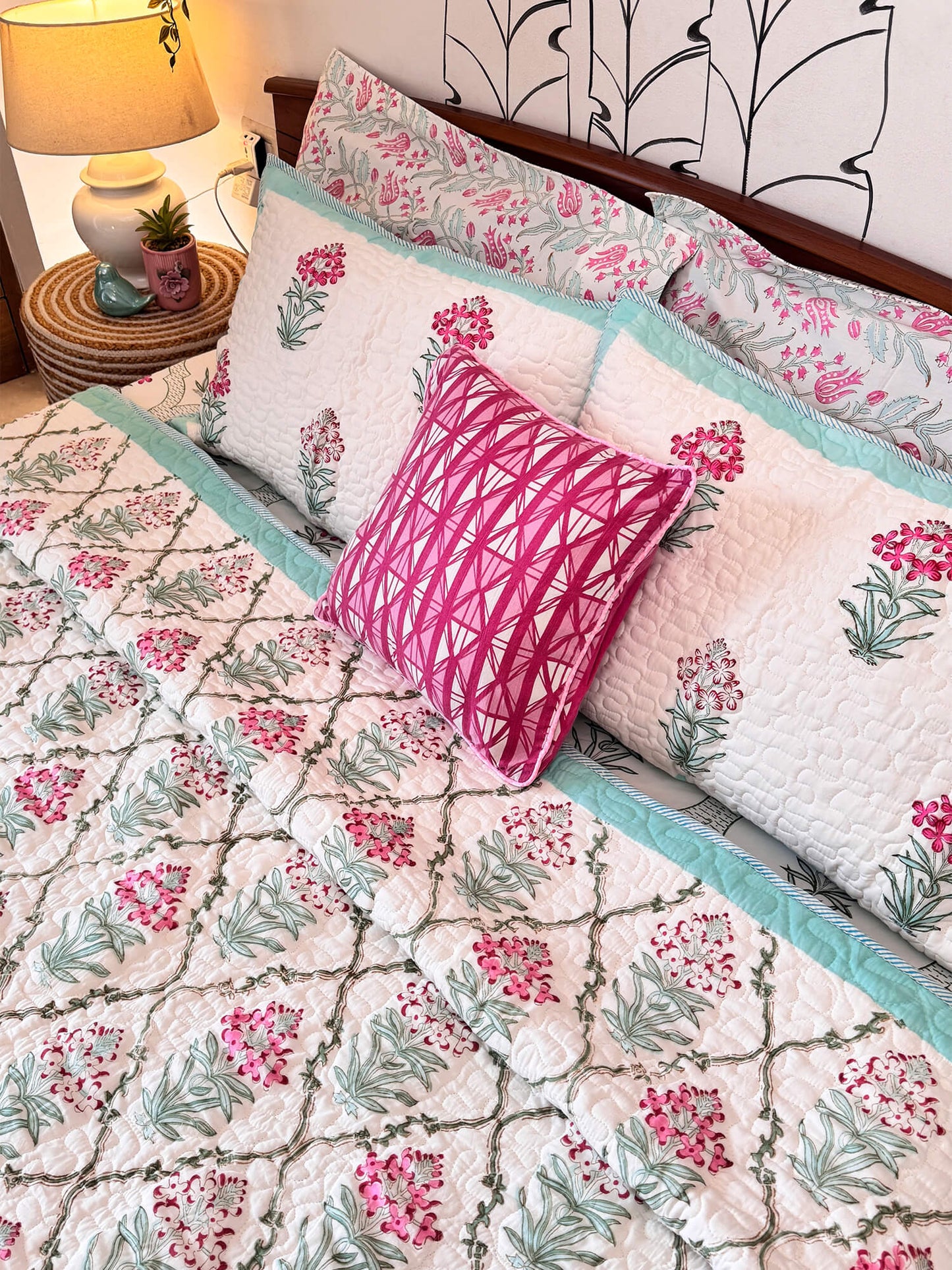 Mughal Bagh Collection -Handcrafted Quilted Cotton Bedcover with Two Pillow Covers