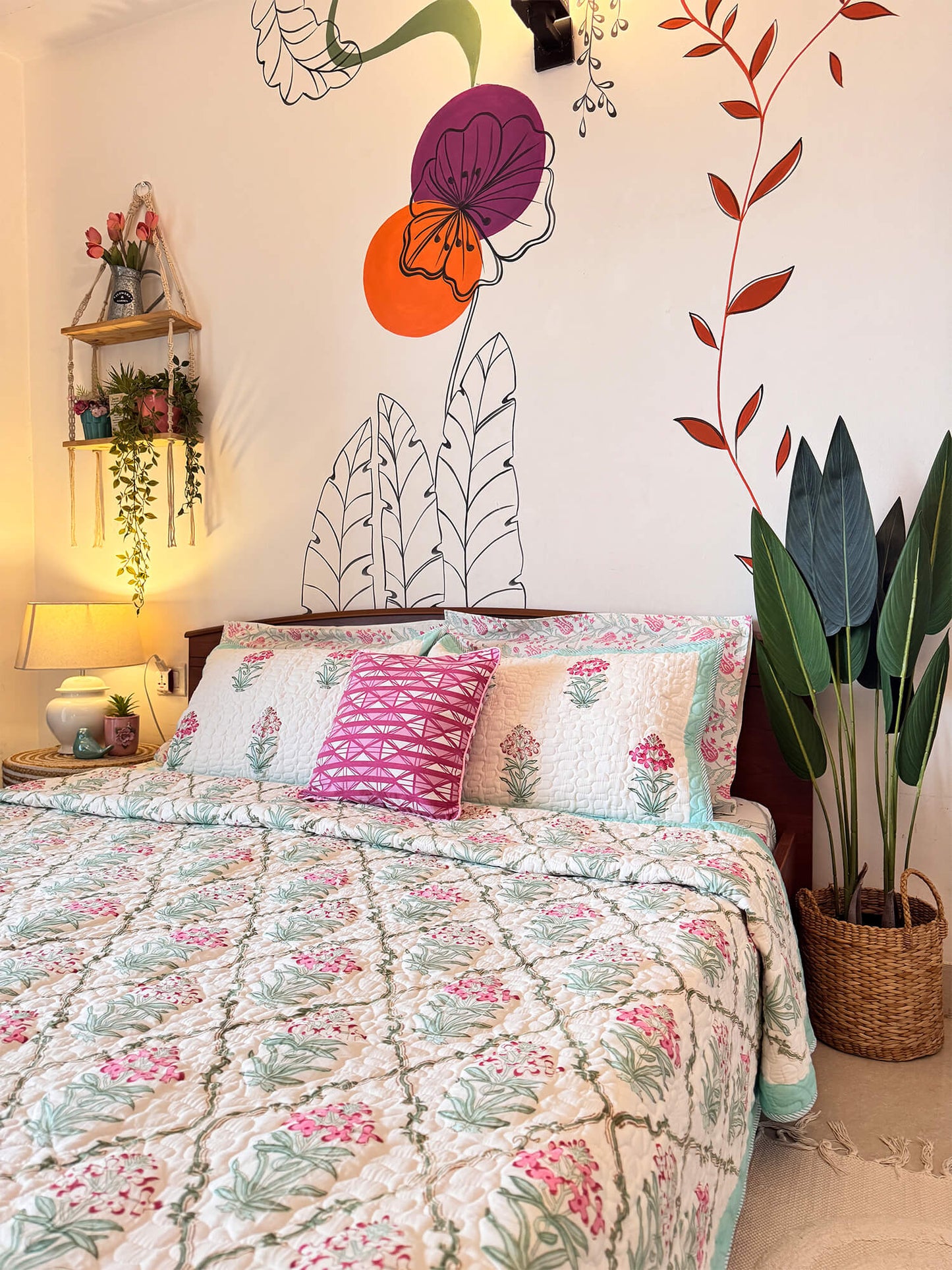 Mughal Bagh Collection -Handcrafted Quilted Cotton Bedcover with Two Pillow Covers