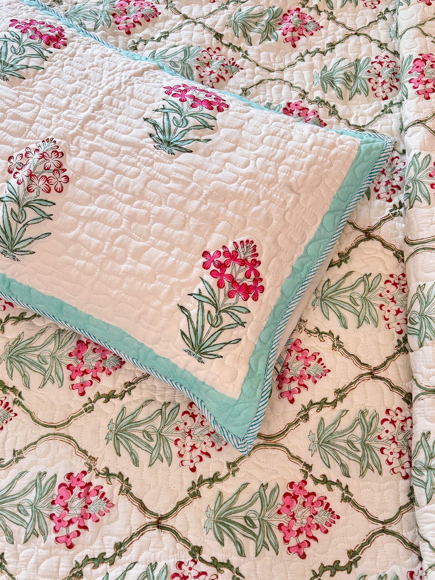 Mughal Bagh Collection -Handcrafted Quilted Cotton Bedcover with Two Pillow Covers