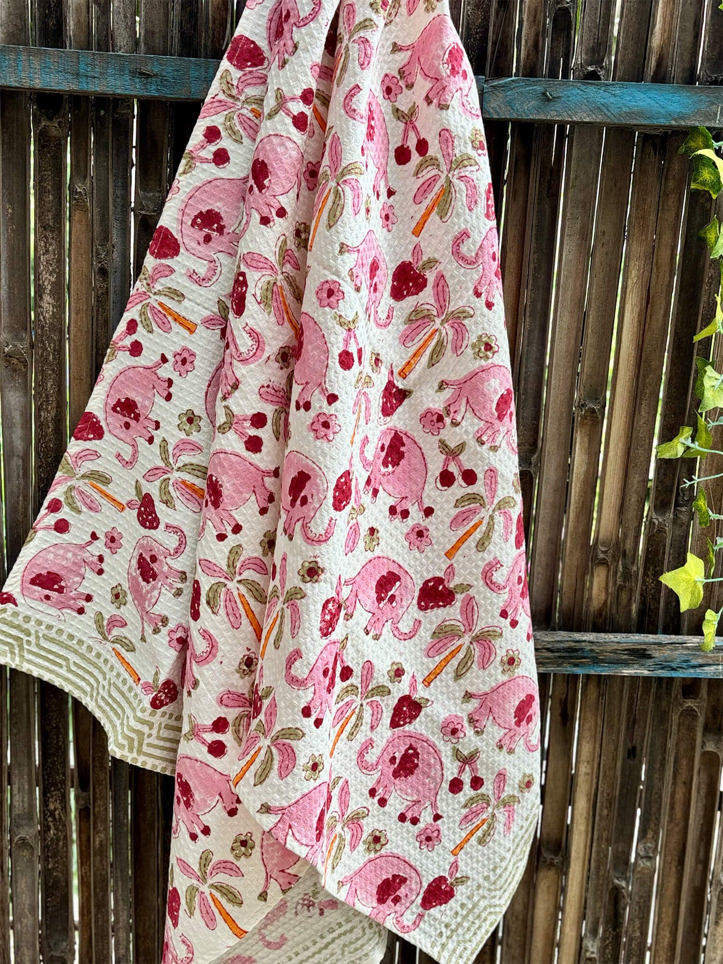 Hand Block Printed Kids Pink Elephant Bath Towel