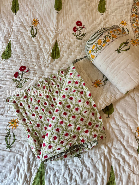 Sultan Bagh Collection -Handblock Printed Reversible Mulmul Cotton Quilt - Single (60 x 90 inch)