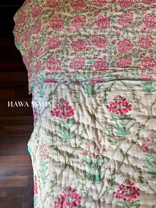 Mughal Bagh Collection - Handblock Printed Reversible Mulmul Cotton Quilt - Double (90 x 108 inch)