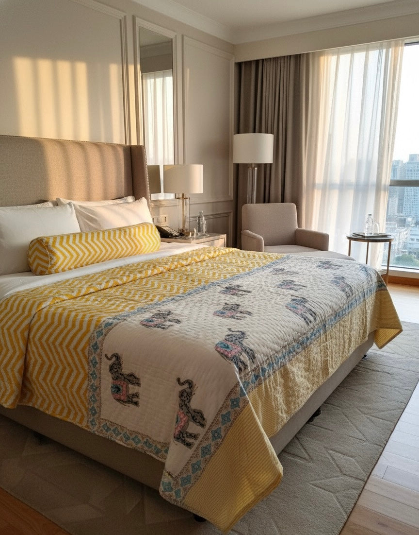 Yellow Zigzag Handblock Printed Reversible Mulmul Cotton Quilt - Double (90 x 108 inch)