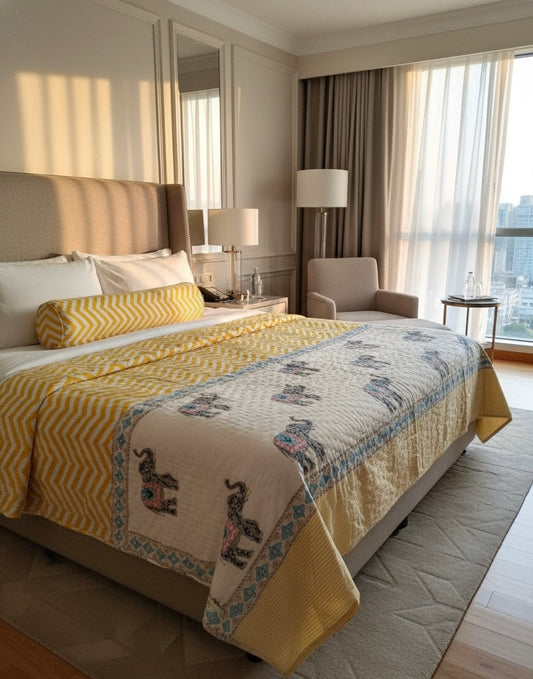 Yellow Zigzag Handblock Printed Reversible Mulmul Cotton Quilt - Double (90 x 108 inch)